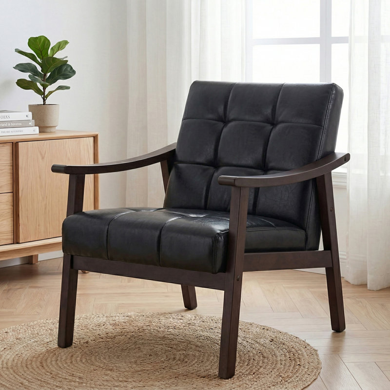 Chaise d'appoint Mid-Century moderne avec structure entièrement en bois massif, fauteuil rembourré avec similicuir capitonné pour salon, chambre à coucher, bureau, coin lecture, similicuir