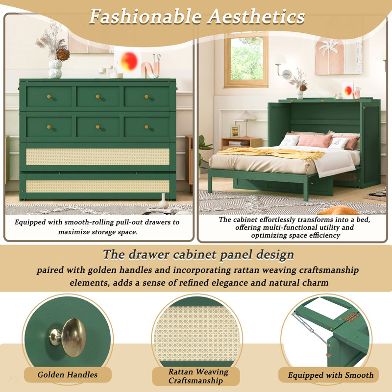 Lit escamotable double avec grands tiroirs, Full / Double, Green