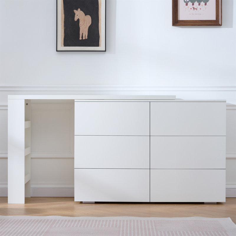 Six tiroirs, bureau amovible, trois compartiments de rangement, table multifonctionnelle blanche à six pompes