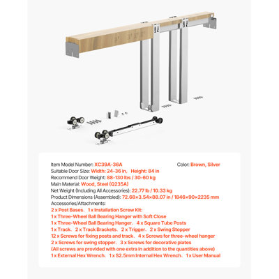Ensemble de cadre pour porte coulissante, conçu pour les portes de 61 à 91 cm de large et de 213 cm de hauteur, avec mécanisme de fermeture amortie bidirectionnel, coulisse fluide et silencieuse, installation facile, acier galvanisé de qualité supérieure