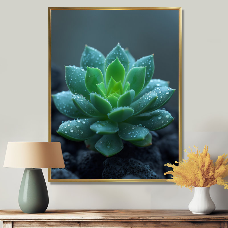 Gouttes de pluie vertes et grises sur un cactus du désert - décoration murale cactus floral, Toile avec cadre flottant or