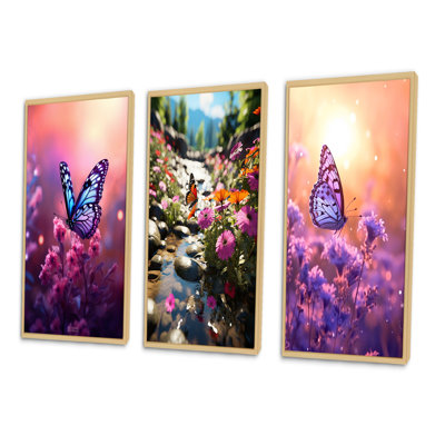 " Pink Butterfly Wonderful Sunset IV " 3 - Pieces