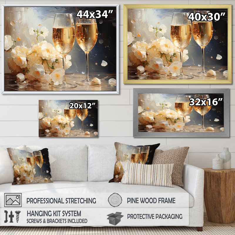 Bulles de fleurs dorées et blanches - Champagne, art mural, Cadre d'angle fermé noir, H 34 po x l 44 po x P 1,5 po