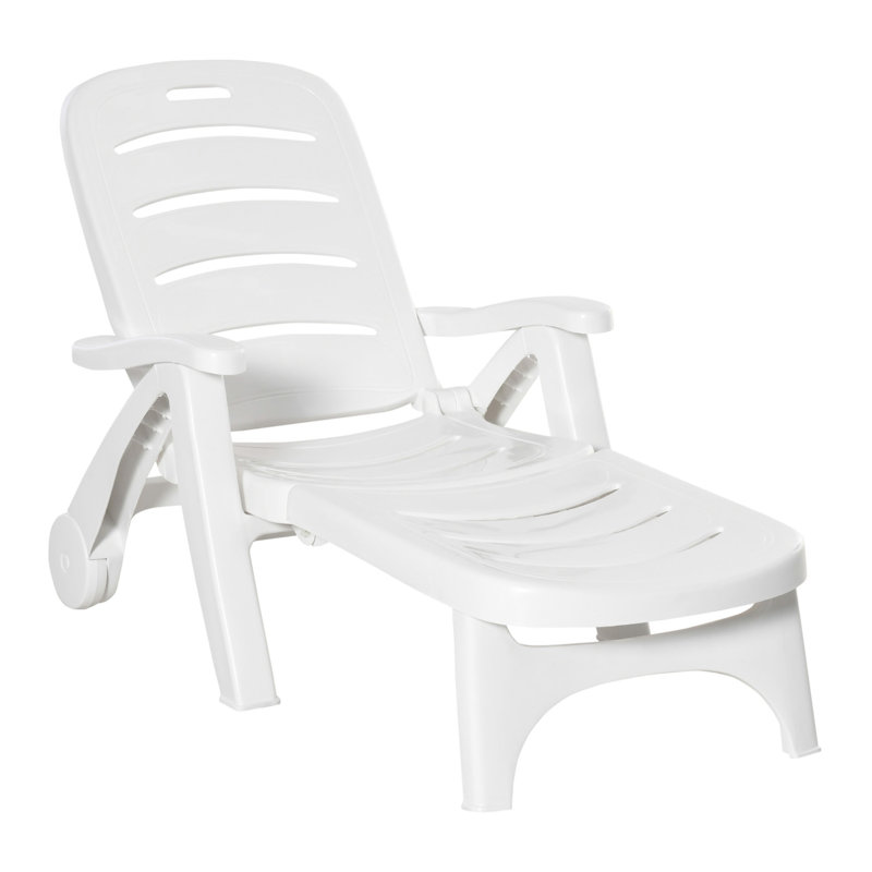 Outdoor Chaise Lounge, 5 Level Adjustable Backrest Lounge Chair With Wheels, Folding Tanning Chair For Pool, Beach, Patio, Garden, White