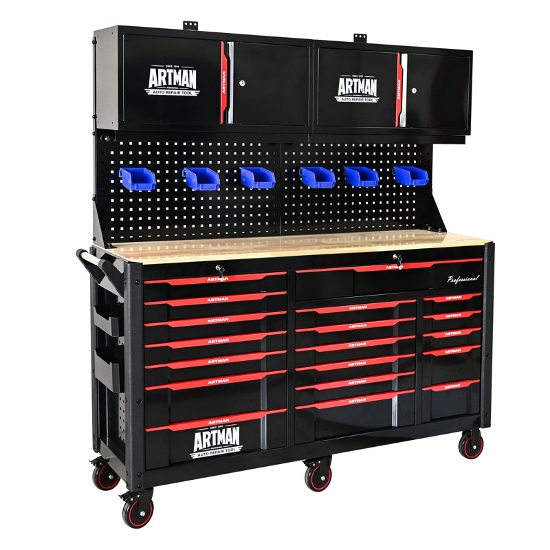 Wall-Mounted Tool Cabinet with Pegboard Organizer - Heavy-Duty Steel Garage Storage System with Double Doors, Tool Rack and Hanging Hooks (Black & Red)