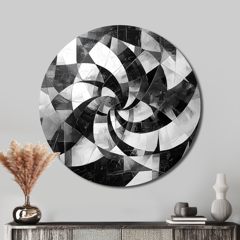 Symétrie brisée du cubisme monochrome I - art mural rond en métal abstrait cubisme, H 16 po x l 16 po