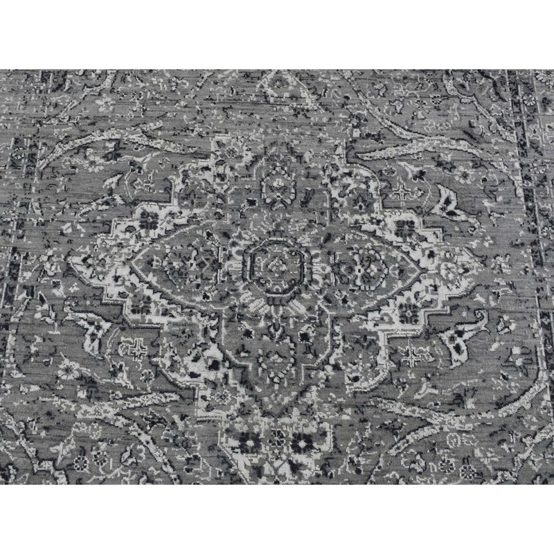 Tapis gris en laine noué à la main 6 pi x 9 pi avec motif zoroastrien effacé 391DBF853B804167975622DAC9ED5AB3