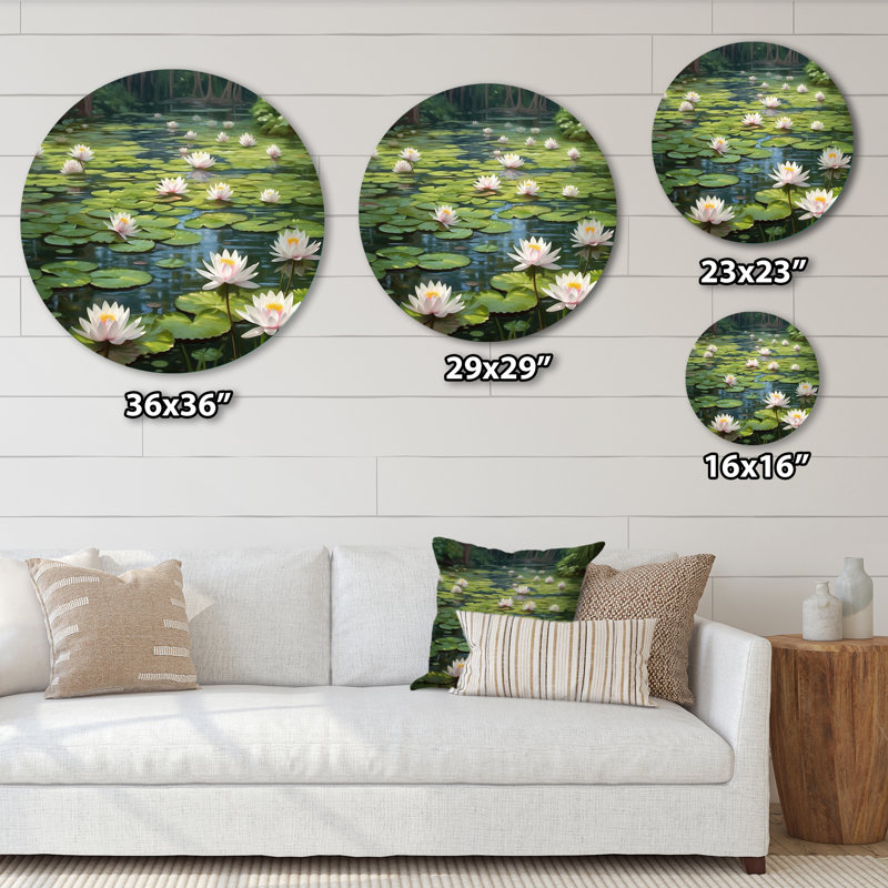 «Magical Lotus Lily Pad Pond», art mural floral rond en métal, H 23 po x l 23 po