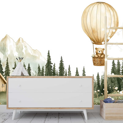 Nursery Forest Bear Balloon Wallpaper – Watercolor Green Landscape Mural, Mountain Baby Room Wall Art For Toddler Boys Or Girls, Woodland Adventure Decor