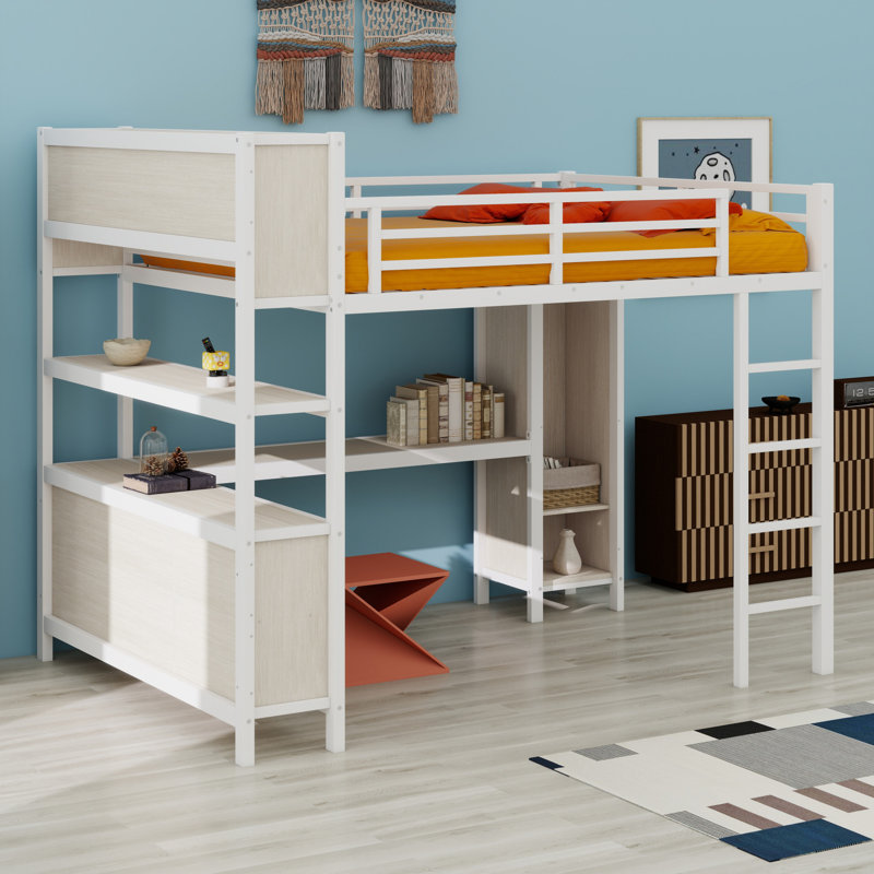Lit mezzanine en métal avec garde-robe, bureau en L, cubes de rangement et tablettes, Blanc / Blanc