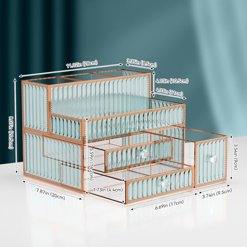Organisateur de maquillage pour comptoir - Organisateur de meuble-lavabo en verre trempé pour cosmétiques, soins de la peau, outils pour les cheveux, brosses, parfums
