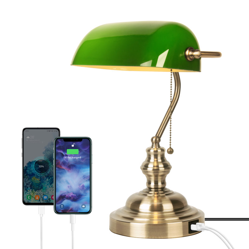 Lampe de table en verre vert avec 2 ports de charge USB et lampe de table rétro classique