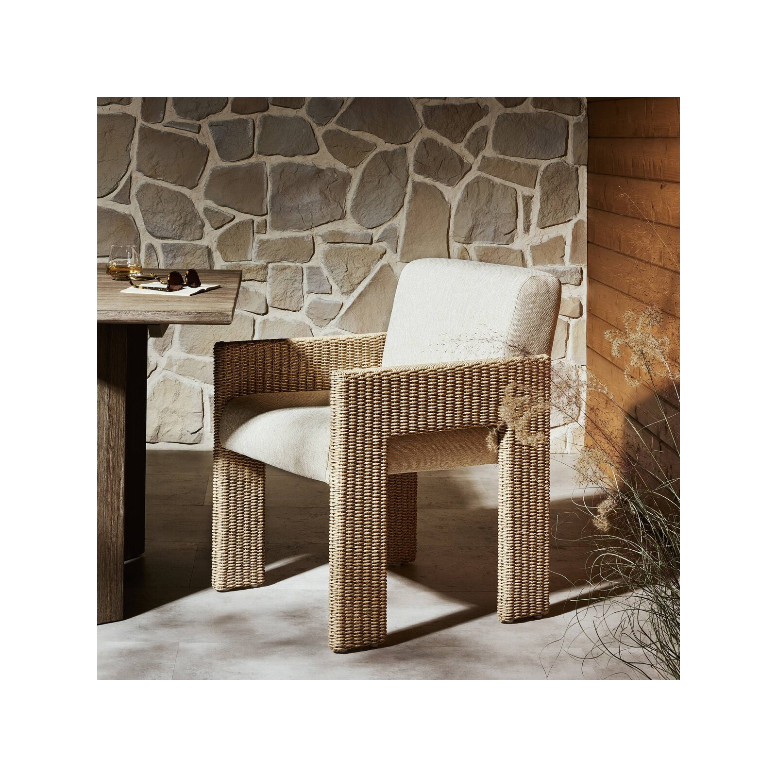 Easley Patio Dining Armchair with Cushion, Cream Performance Olefin, Natural Wicker