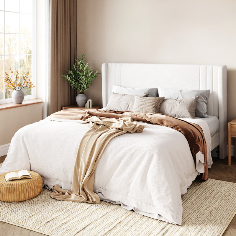 Low-Profile Velvet Upholstered Platform Bed with Wingbacks, Full, White