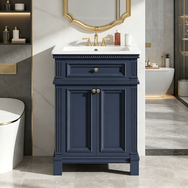Armoire de salle de bain 24 po avec portes à fermeture douce et tablette réglable, meuble-lavabo avec lavabo en céramique