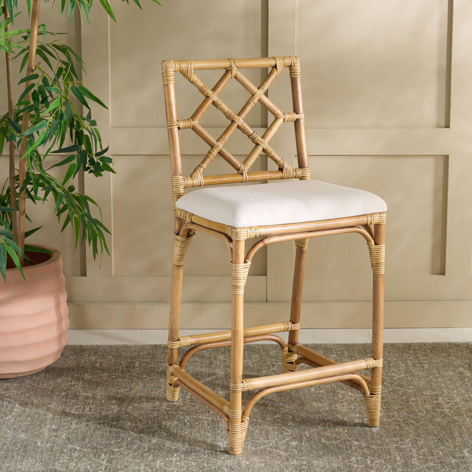 Bhumi Barstool with Cushion, Honey Brown Wash