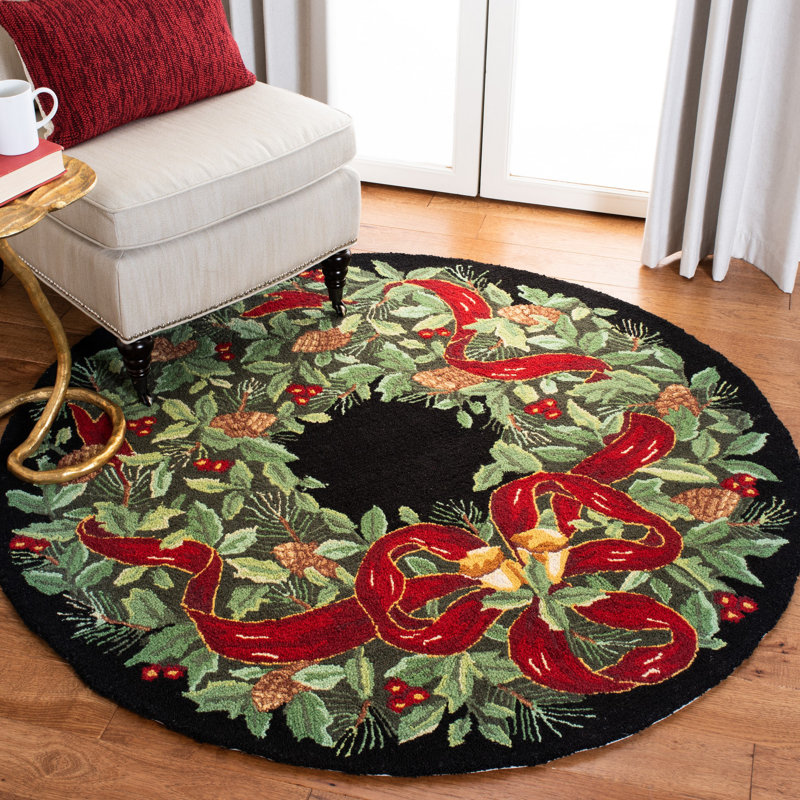 Tapis rouge / vert en laine à motif oriental rétro, Rond 4 pi