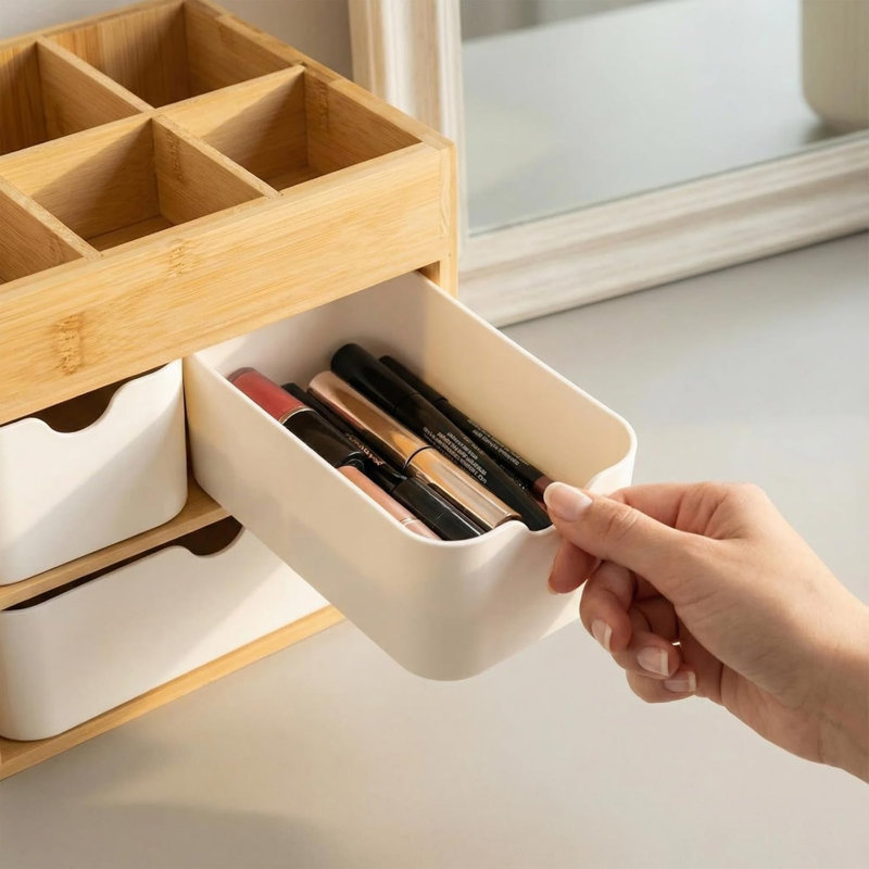 Small Bamboo Makeup Organizer Cosmetic Organizer Box, Bamboo Desk Organizer