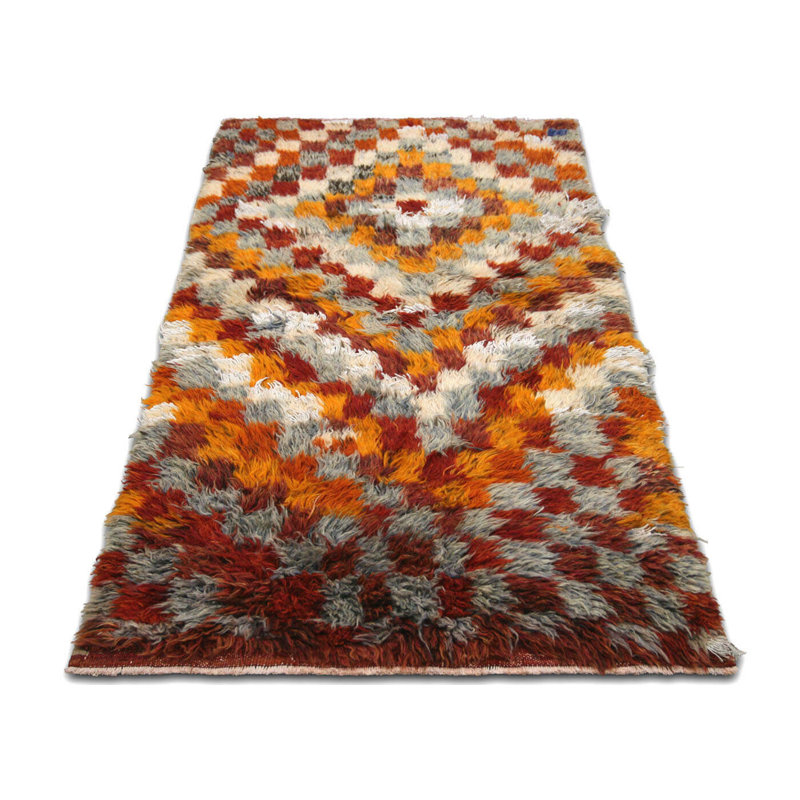 Tapis unique en laine noué à la main de style années 1960 de 3 pi 1 po x 5 pi 9 po en rouge / orange / beige / gris