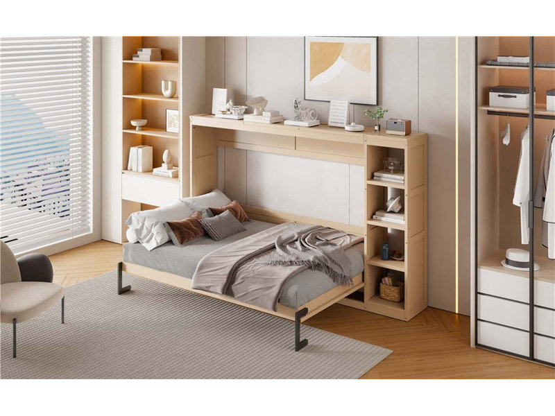 Lit escamotable double avec bibliothèque, Lit double, Naturel
