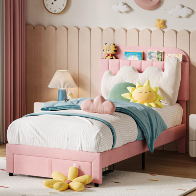 Twin Bed Frame with Bookcase Headboard & Storage Drawer, Cozy Velvet Upholstered Platform Bed for Kids