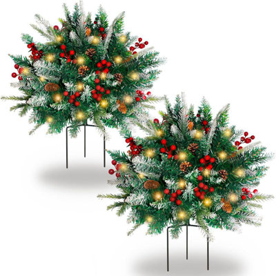 2 Pack Lighted Artificial Christmas Urn Filler, Battery Operated Pre-lit Xmas Pine Trees, Tripod Stake and 60 LED Lights, Holiday Porch Decorations for Porch, Yard, Garden, Flower Beds