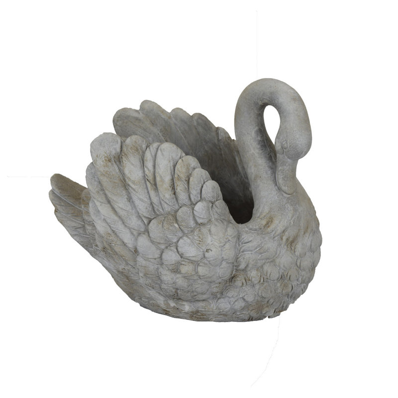 Jina Large Planter With Swan Sculpted Details, Gray Terracotta, 12.25" H x 14.5" W x 9.75" D