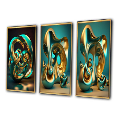 Rhythm Of Infinity 3D Turquoise Gold Sphere - Abstract Fractal Art Set Of 3 Pieces