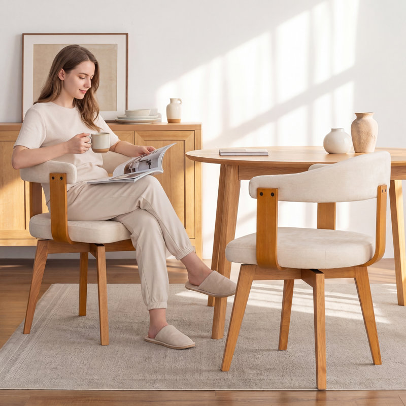 Chaises de salle à manger pivotantes confortables avec accoudoirs, revêtement en chenille beige moelleux, chaise d'appoint moderne Mid-Century