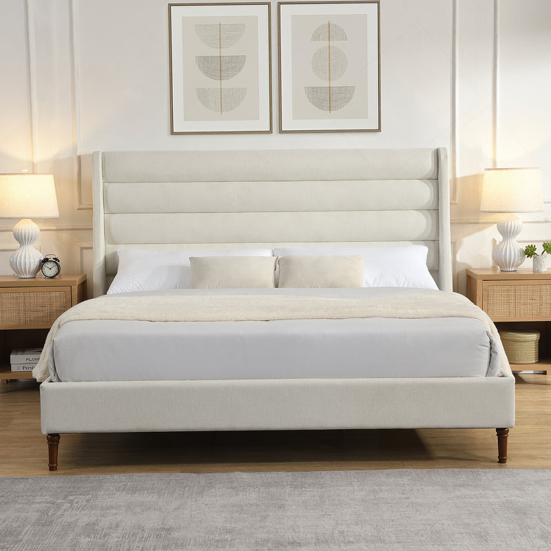 Lit plateforme très grand avec très grande tête de lit tapissier avec tête de lit ondulée, tissu chenille de qualité supérieure, lit plateforme minimaliste moderne sans sommier