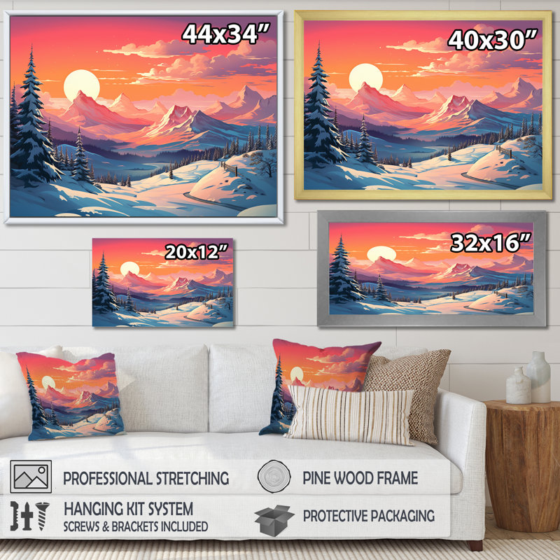Coucher de soleil sur les montagnes d'hiver, Cadre de coin argenté fermé, H 12 po x l 20 po x P 1 po