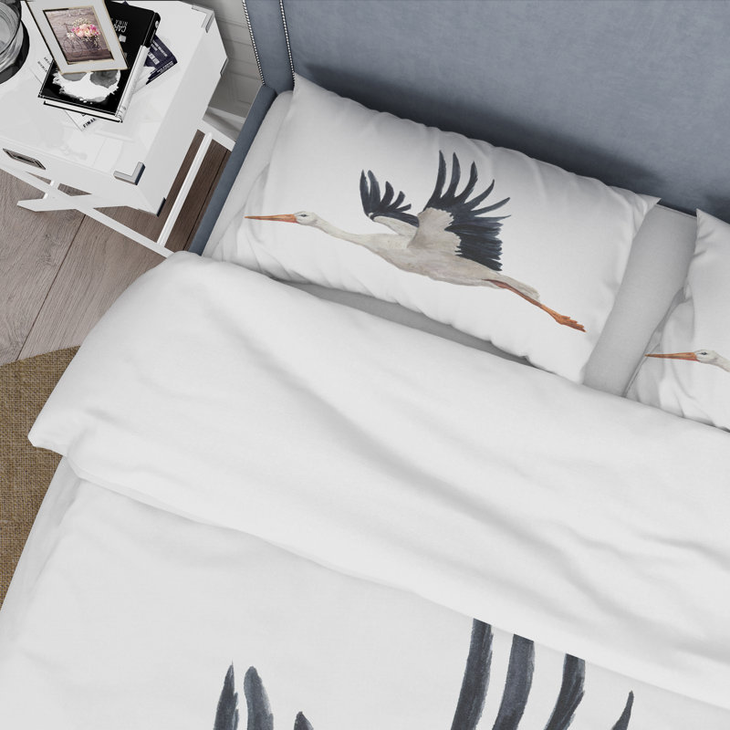 Cigogne volante blanche - Ensemble de housse de couette traditionnel - Polyester en microfibre