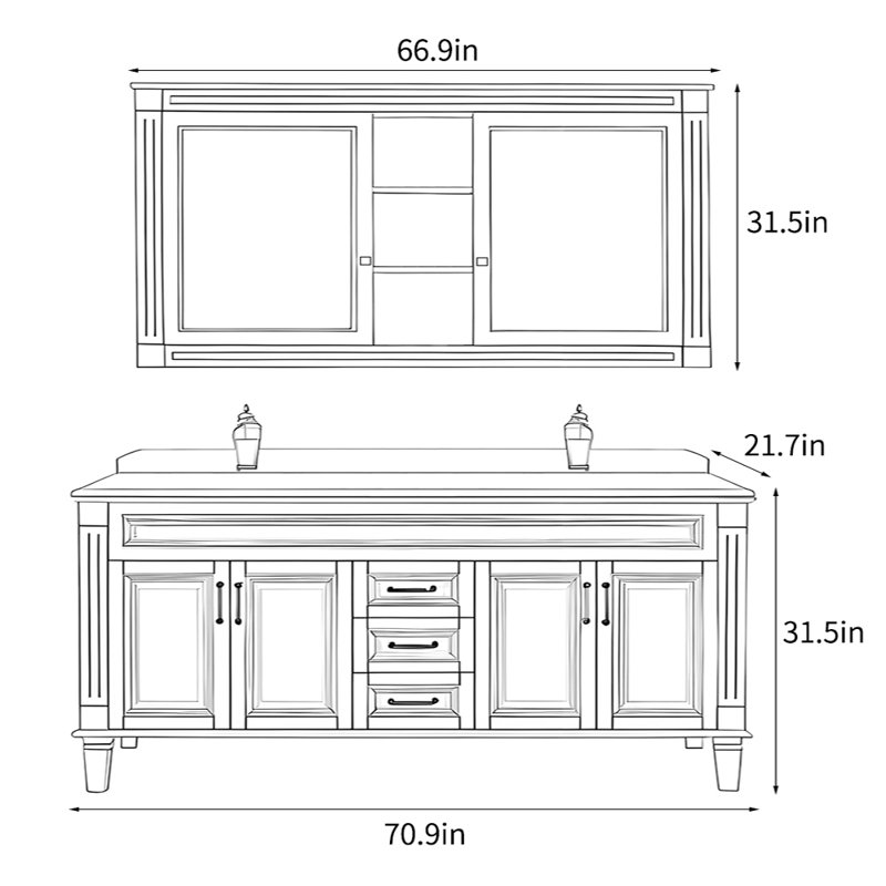 Meuble-lavabo sur pied brun américain, H 31,5 po x l 70,9 po x P 21,7 po