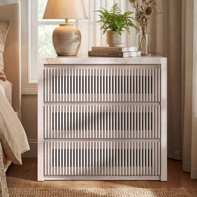 3-Drawer Nightstand with Faux Marble Print Top, Modern Wood End Table with Storage Drawers for Bedroom, Living Room, White