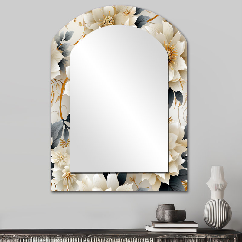 Mandalas blancs et dorés - décor de miroir mural unique arche florale, grand miroir asymétrique blanc, impression d'art en métal