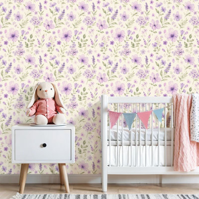 Peel and Stick Wallpaper Seamless ditsy floral delicate lavender purple flowers green leaves Contact Paper Removable Self Adhesive Wall Mural Wall Decor for Bedroom Kitchen Cabinets 17.7in x 118in
