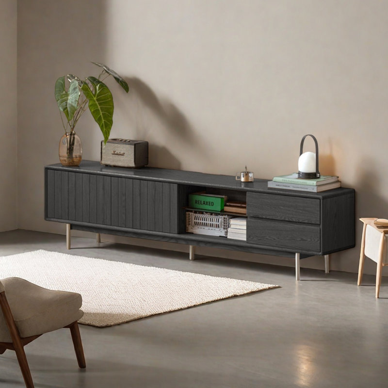 Meuble télé en chêne avec portes coulissantes, H 19,68 po x L 86,61 po x l 13,78 po, Noir