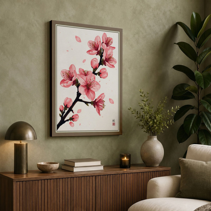 Moonlit Cherry Blossom Japandi - Wrapped Canvas, 36x24 - 91.4 x 61.0 cm, Sage Border