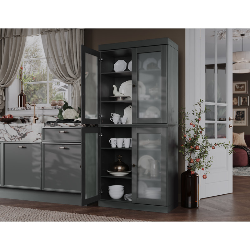 Garde-manger 100% bois massif 32 po avec portes en verre givré et tablettes réglables, Gris