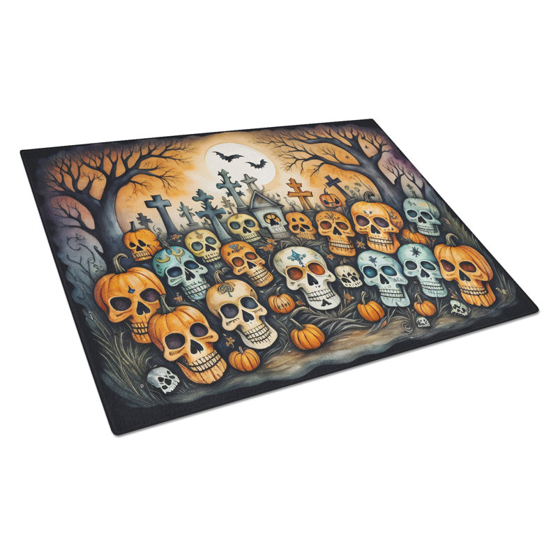Calaveras Sugar Skulls Spooky Halloween Glass Cutting Board Large