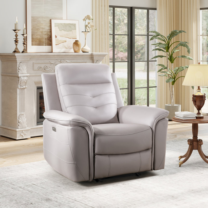 Alteo 39.4" Wide Modern Vegan Leather Power Recliner Chair with USB, Light Gray Faux Leather
