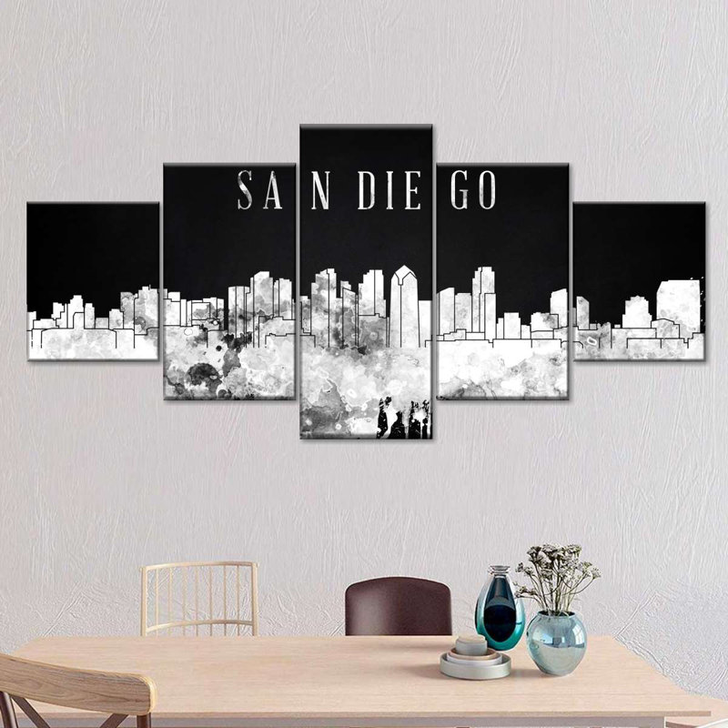 San Diego Skyline BW - Ensemble de 5 toiles tendues, H 30 po x l 68 po x P 1,25 po