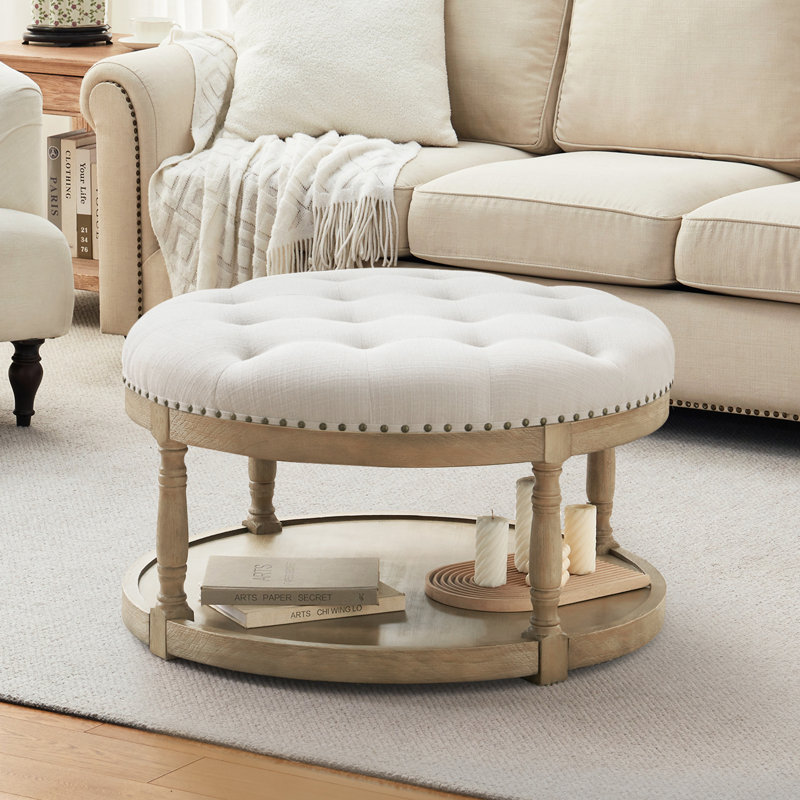 Cristan 33" W Upholstered Round Storage Ottoman, Beige 
