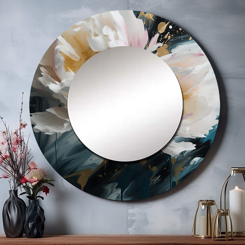 Perrella blanc pivoines pétales en fleurs II - miroir unique pivoines, grand miroir mural rond blanc, impression d'art en métal