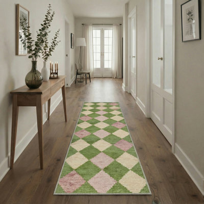 Maven Geometric Machine Washable Pink / Green / Beige Indoor Area Rug with Non-Slip Backing