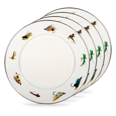 Golden Rabbit Enamelware Fishing Fly 10.5" Dinner Plates, Set of 4