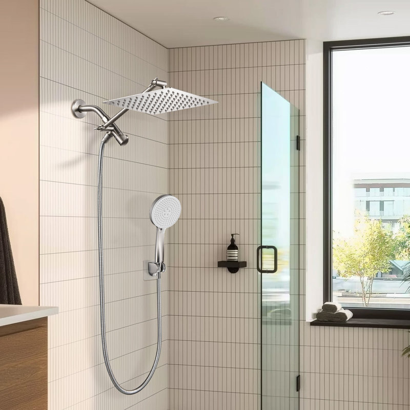 Adjustable Dual Shower Head with 8-Inch Rain Showerhead and 5-Spray Handheld Brushed Nickel, Brushed Nickel