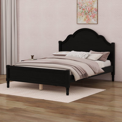 Cadre de lit plateforme en bois rétro, cadre de lit Mid Century avec tête de lit courbée et pied de lit classique, espace de rangement sous le lit