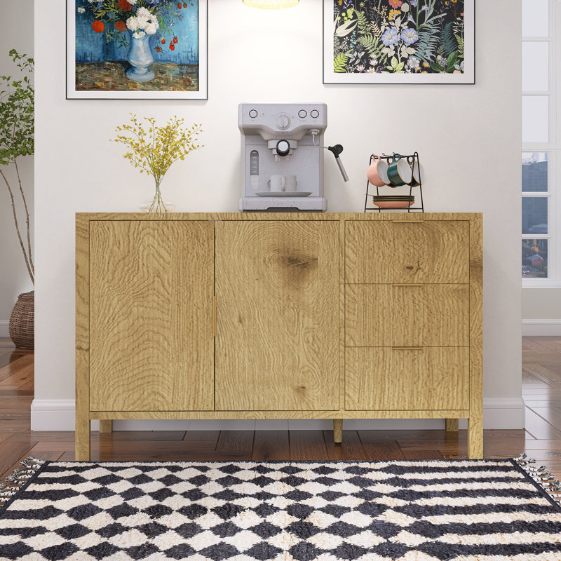 Buffet moderne à motif de vagues avec 3 tiroirs, grande armoire de rangement avec crochets et pieds centraux supplémentaires, naturel