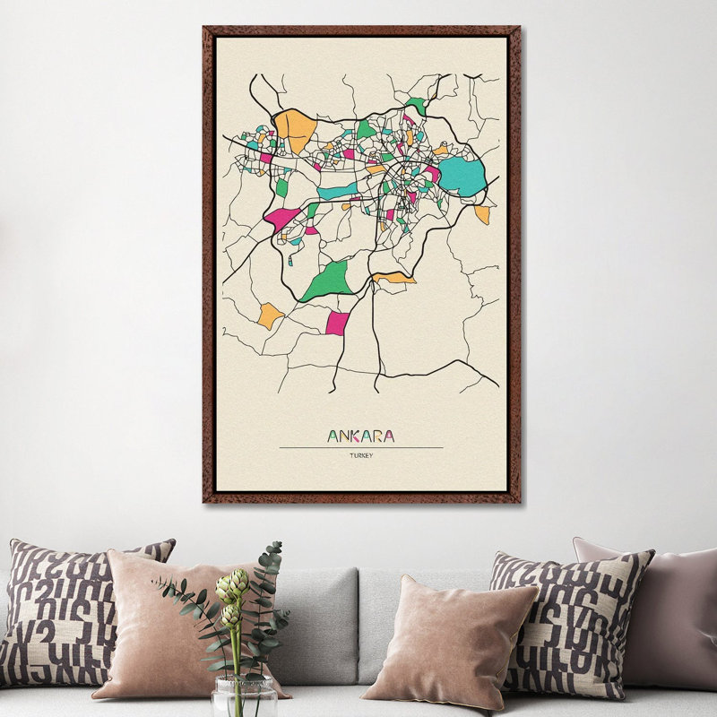 Ankara, Turkey Map by Ayse Deniz Akerman - Print on Canvas, 152.5 cm H x 101.5 cm W, Brown Floater Frame